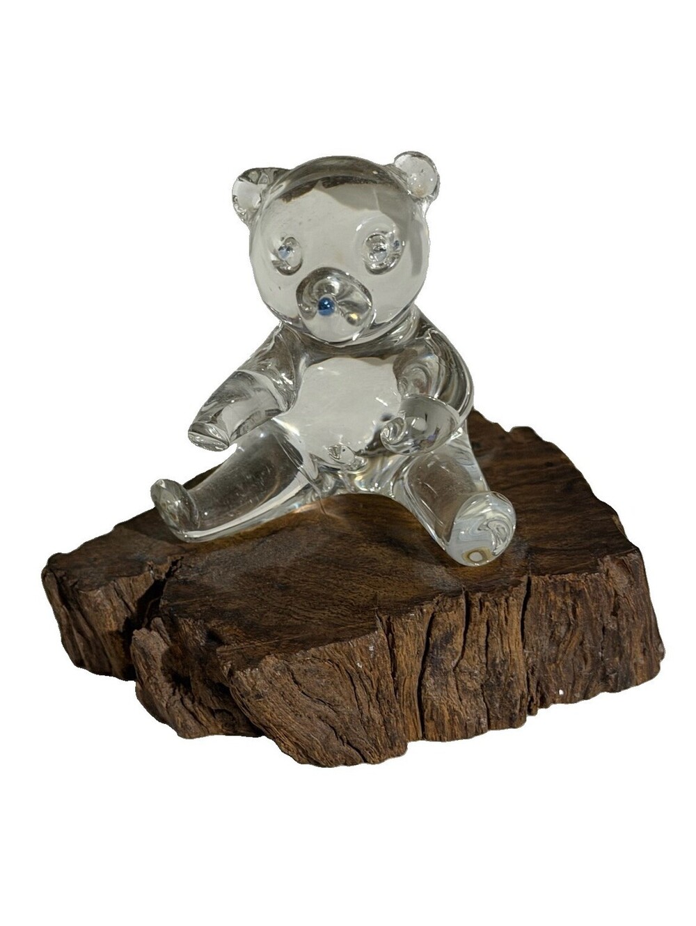 Vintage Style Clear Glass Bear Figurine Wood Base Teddy Animal Collectible 3”
